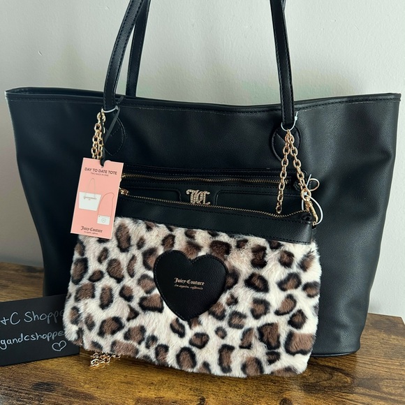 New Juicy Couture Day to Date Lux Tote Black Snow Leopard Shoulder Bag Cute Gold - Picture 1 of 6